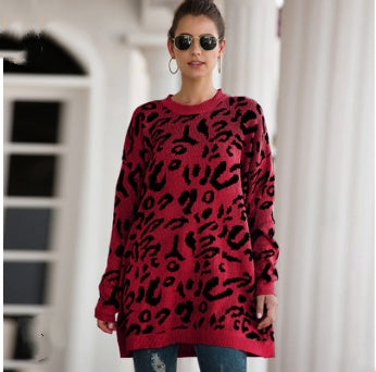 Knitted Long Sleeve Pullover Women's Loose Leopard Print Oversized Sweaters