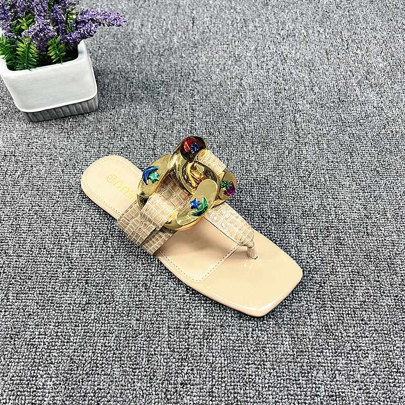 Metal Decoration Pointed Low Heel Women Slingback Slippers