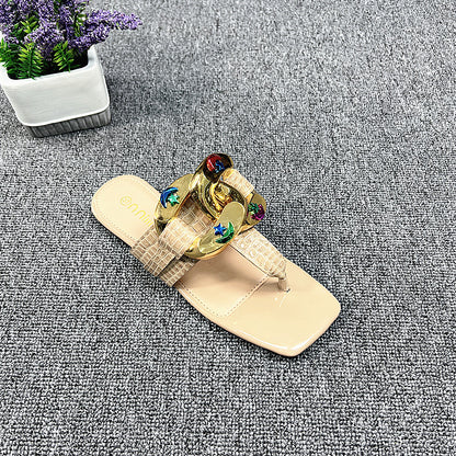 Metal Decoration Pointed Low Heel Women Slingback Slippers