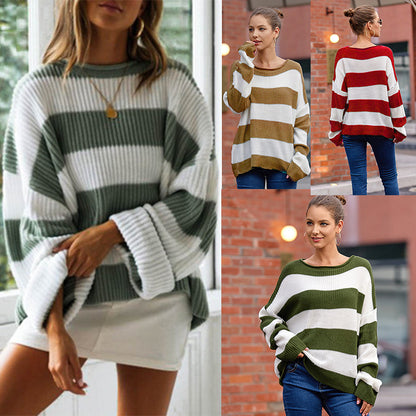 Color Block O Neck Sweater Casual Autumn Winter Style