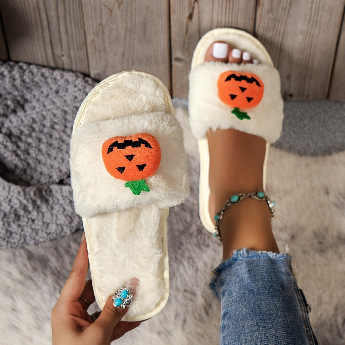 Halloween Pumpkin Plush Slippers – Cozy Open Toe House Shoes