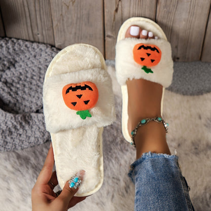 Halloween Pumpkin Plush Slippers – Cozy Open Toe House Shoes