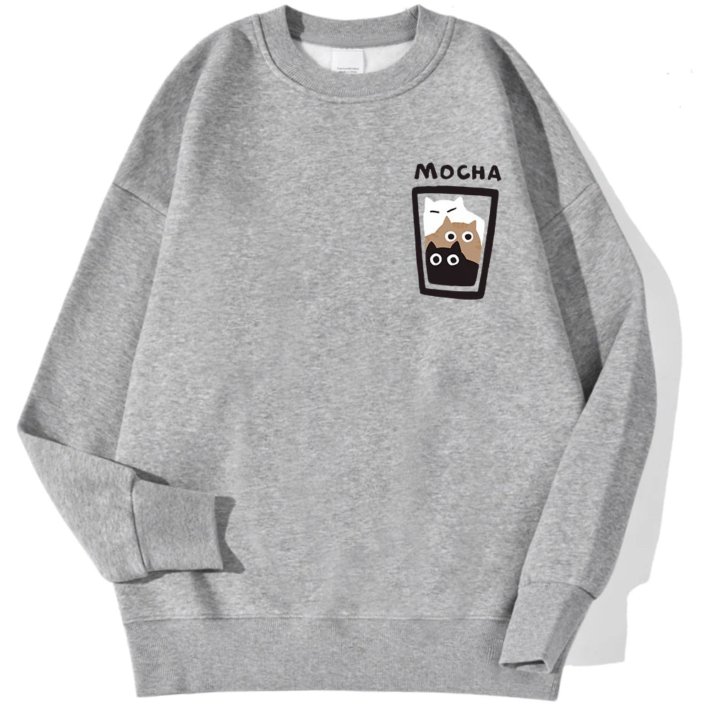 MOCHA Cat Cup Printed Crew Neck Sweatshirts