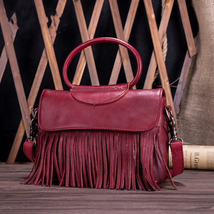 Vintage Leather Messenger Bag Tassel Horizontal Square