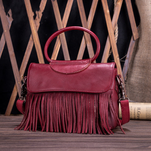 Vintage Leather Messenger Bag Tassel Horizontal Square