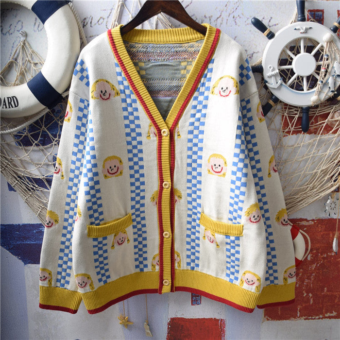 Smiley Face V-Neck Sweater – Cute Casual Knit Pullover for Women