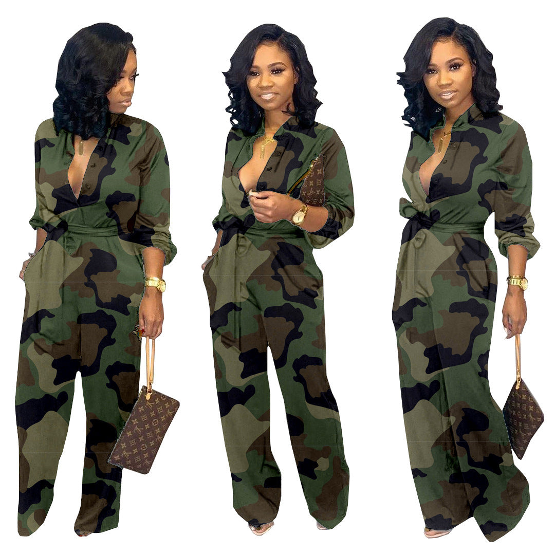 Womens Camouflage Long Sleeve Wide Leg Autumn Jumpsuit Rompers