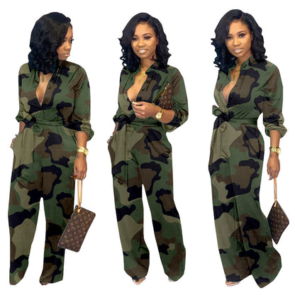 Womens Camouflage Long Sleeve Wide Leg Autumn Jumpsuit Rompers