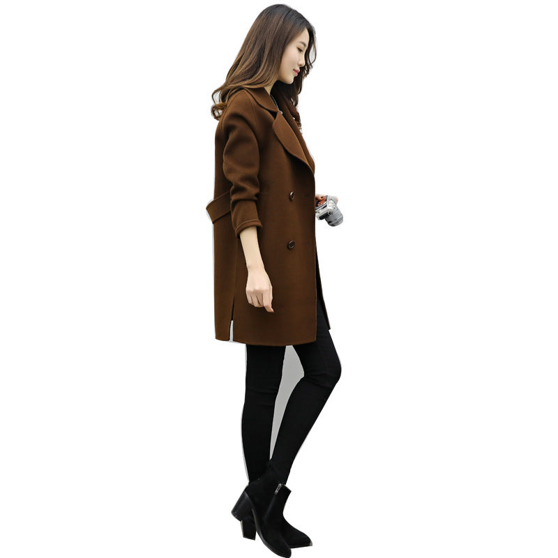 Womens Autumn Retro Double Breasted Loose Slim Fit Woolen Coat
