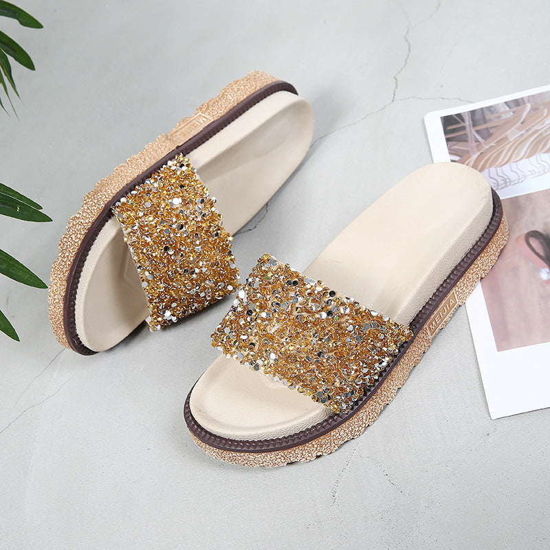 Korean Style Rhinestone & Sequin Slippers – Women’s Elegant Low Heel Flats