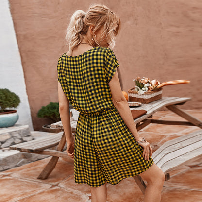 Plaid Rayon-Cotton Jumpsuit for Women – Casual Vintage-Inspired One-Piece Outfit