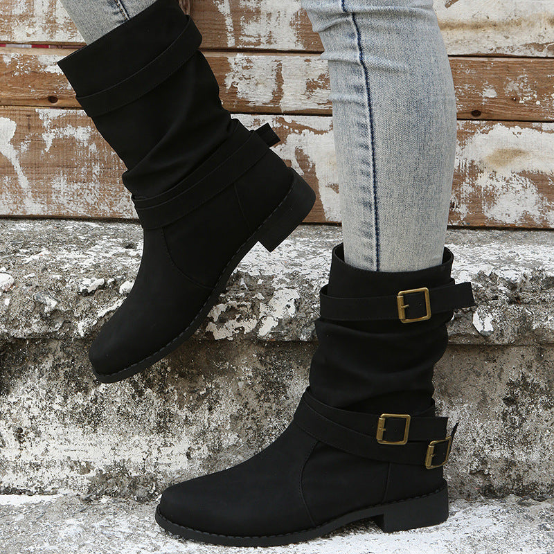 Women's Vintage Low-Heel Combat Biker Western Goth Boots | PU Fur-Lined Buckle Ankle Boots