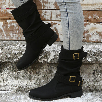Women's Vintage Low-Heel Combat Biker Western Goth Boots | PU Fur-Lined Buckle Ankle Boots