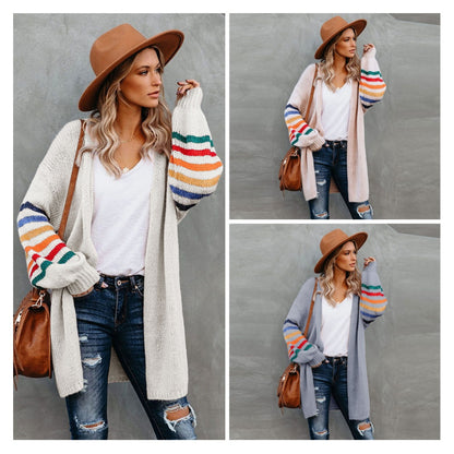 Rainbow Striped Cardigan Sweater for Women – Colorful Polyester Pullover, Cute Casual & Winter Outfit