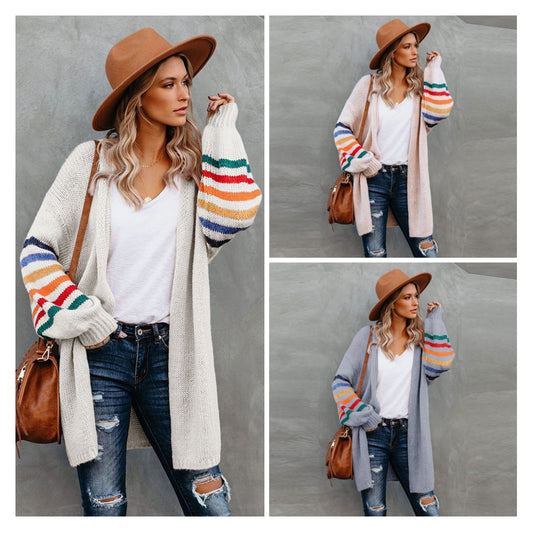 Rainbow Striped Cardigan Sweater for Women – Colorful Polyester Pullover, Cute Casual & Winter Outfit