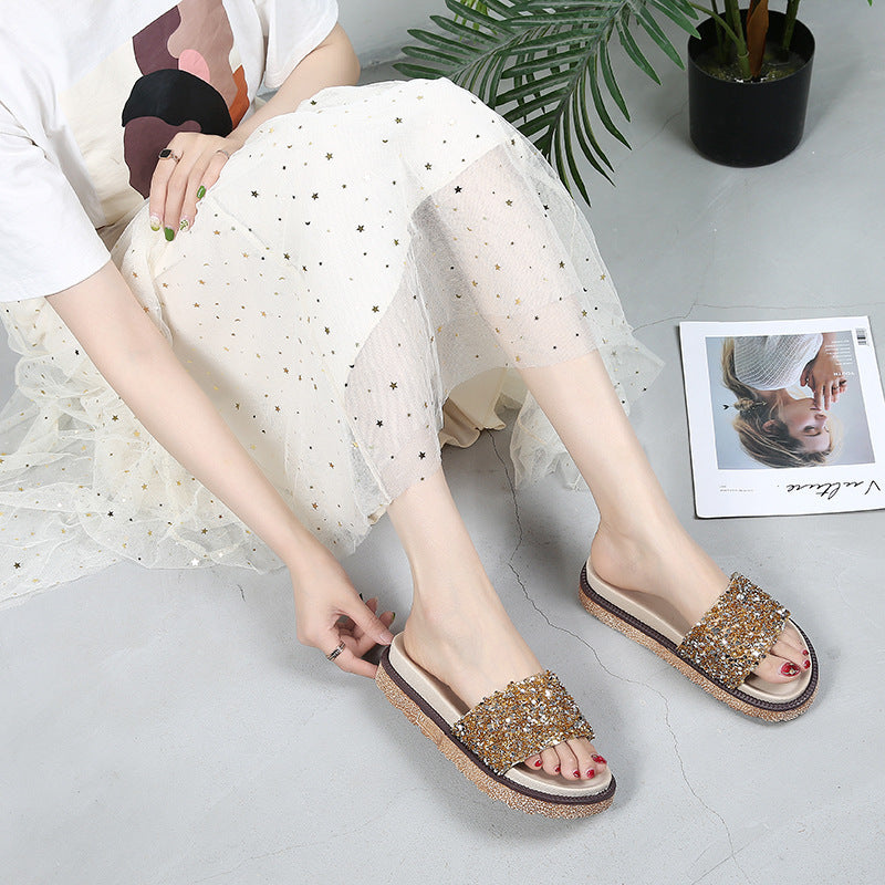 Korean Style Rhinestone & Sequin Slippers – Women’s Elegant Low Heel Flats