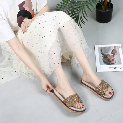 Korean Style Rhinestone & Sequin Slippers – Women’s Elegant Low Heel Flats
