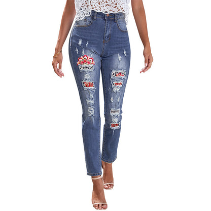 Womens 4XL Plus Size Moon Sun Star Printed Jeans