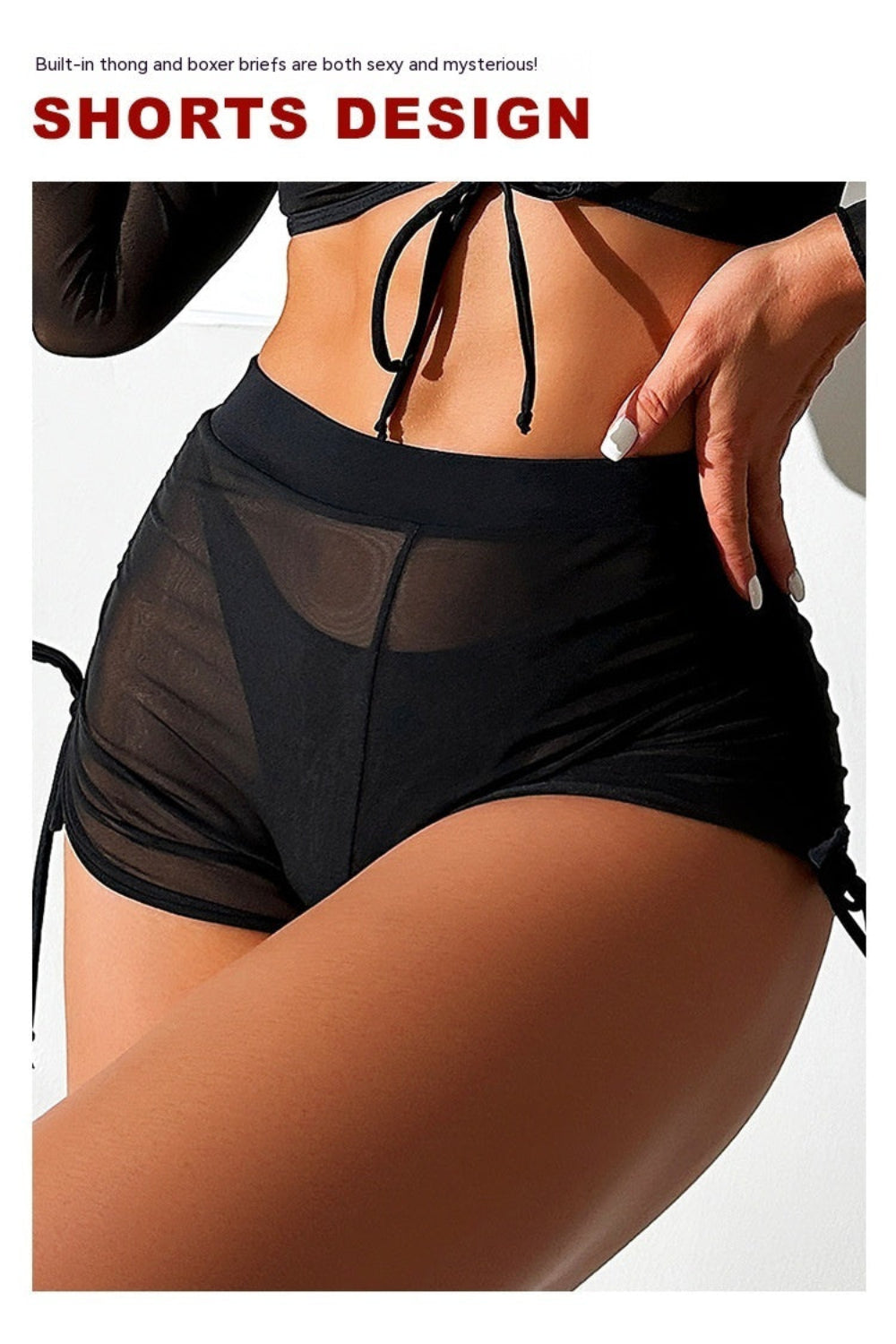 Black sheer shorts being modeled on a white background with text about shorts design.