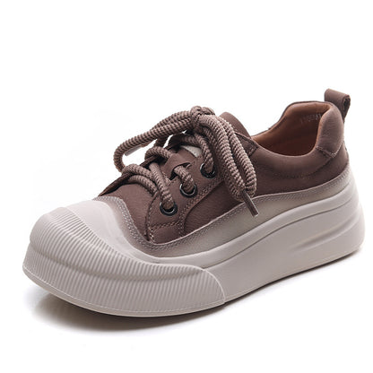 Chunky Bottom Cow Leather Lace Up Slip On Women Shoes