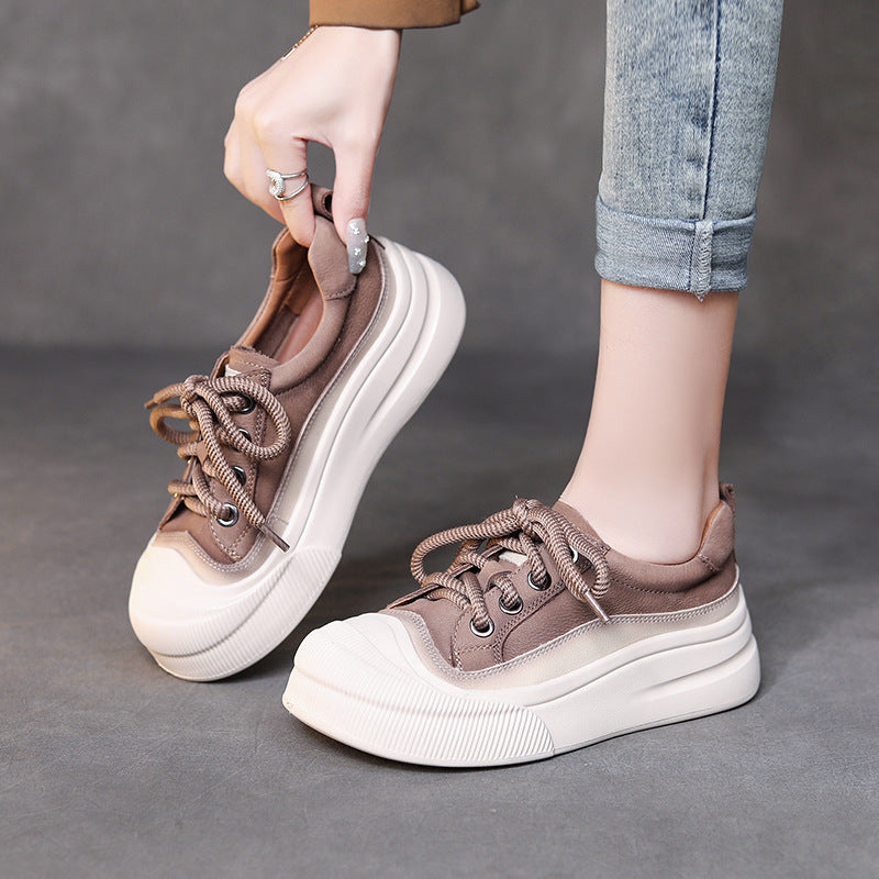 Chunky Bottom Cow Leather Lace Up Slip On Women Shoes
