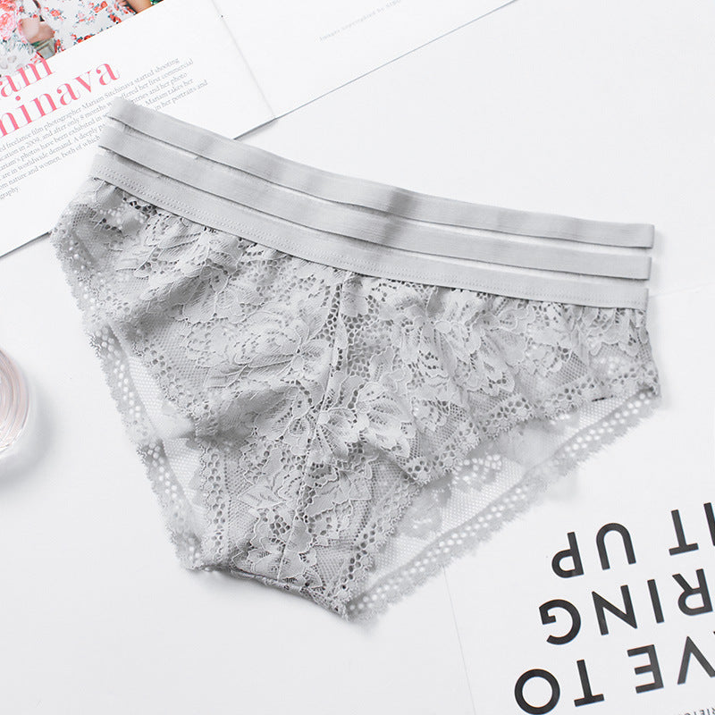 Lace Hollow Transparent Mesh Panties – Mid-Waist Seamless Briefs with Hip-Lifting & Breathable Comfort