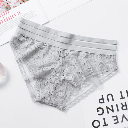 Lace Hollow Transparent Mesh Panties – Mid-Waist Seamless Briefs with Hip-Lifting & Breathable Comfort