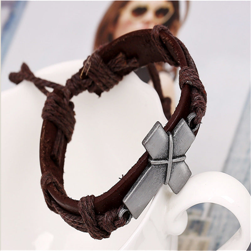 Brown Leather Cross Bracelet for Men – Adjustable Vintage Style Accessory