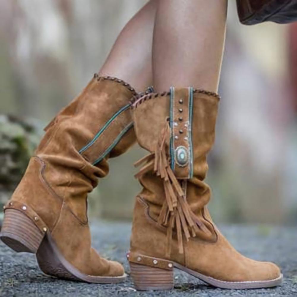 Tassel-Accented Mid Calf Boots for Women | Stylish PU Leather Mid Cylinder Boots