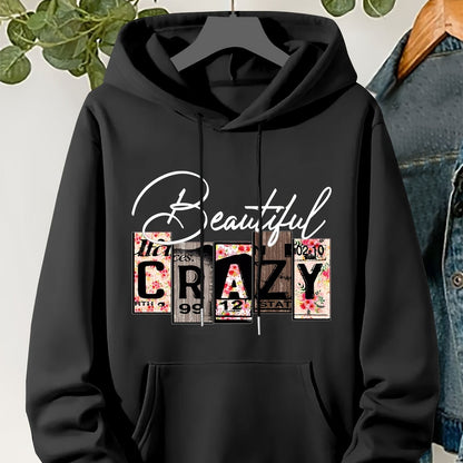 Plus Size CRAZY Print Hoodie – Women’s Casual Pullover Sweatshirt with Kangaroo Pocket for Fall/Winter