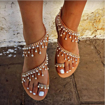 Square Faux Pearl Beads Flat Women Sandals