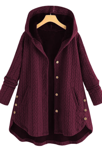 Maroon hooded coat on a hanger against a white background