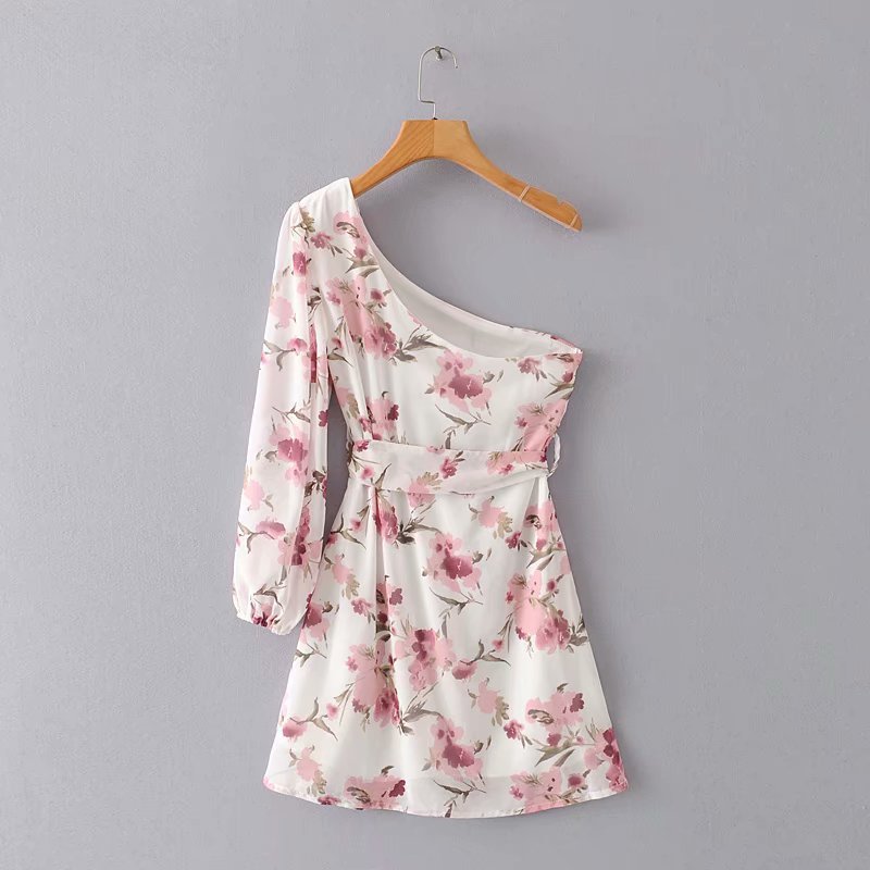 French Style Flare One Shoulder Daisy Printed Summer Dress