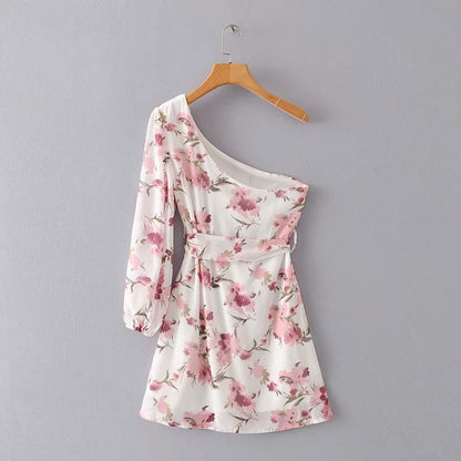 French Style Flare One Shoulder Daisy Printed Summer Dress