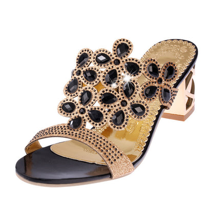 Elegant Rhinestones Leaf Design High Heel Buckle Strap Slippers