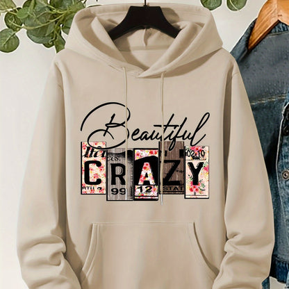 Plus Size CRAZY Print Hoodie – Women’s Casual Pullover Sweatshirt with Kangaroo Pocket for Fall/Winter