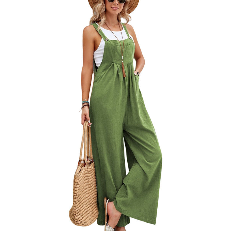Loose-Fit Cotton Bib Overalls for Women – Casual Straight-Leg Romper Outfit