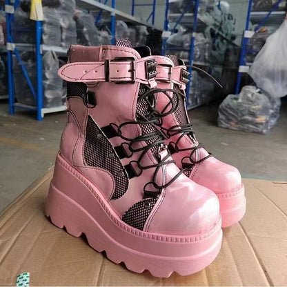 European & American Pink Mid-Calf Boots | Wedge Heel Waterproof Autumn-Winter Footwear