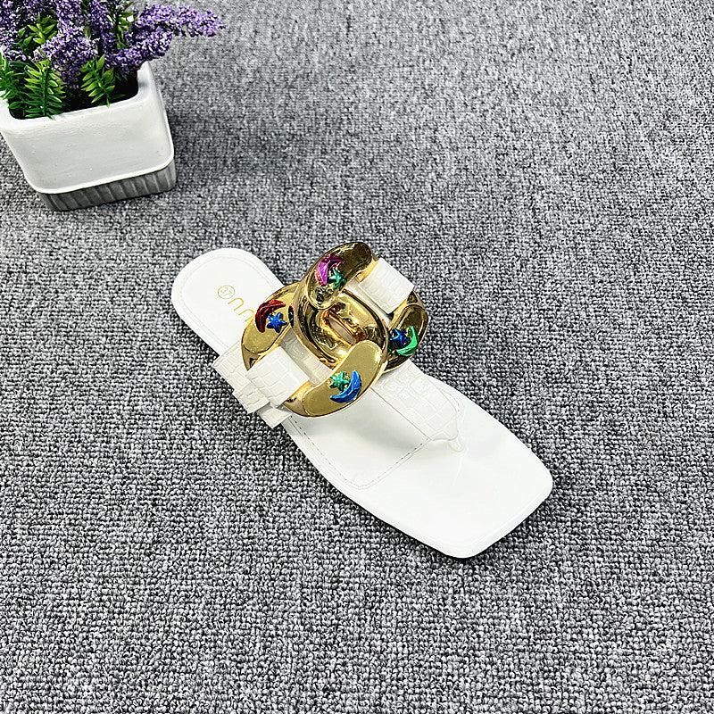 Metal Decoration Pointed Low Heel Women Slingback Slippers