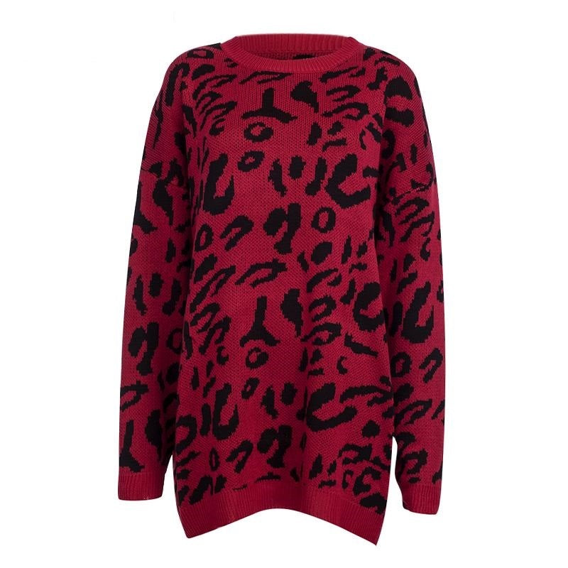 Knitted Long Sleeve Pullover Women's Loose Leopard Print Oversized Sweaters