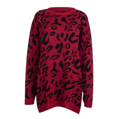 Knitted Long Sleeve Pullover Women's Loose Leopard Print Oversized Sweaters
