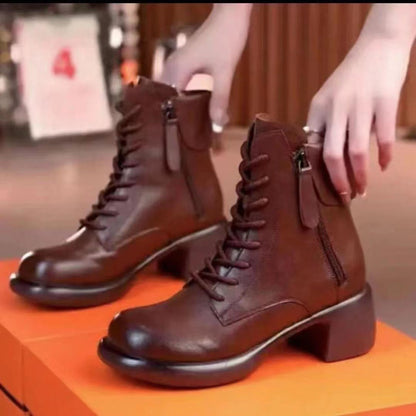 Thick-Bottom Ankle Boots for Women | Chunky Heel PU Leather Round Toe Boots