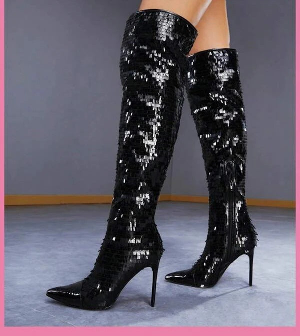 Fashionable Sequin Over-the-Knee Boots for Women | PU Party & Night Out Glam Boots