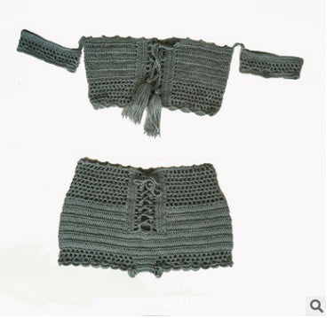 Knitted Off-Shoulder Bikini Set | Retro Boho High-Waist Swimwear