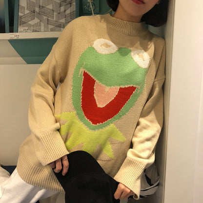 Oversized Frog Knit Crew Neck Sweater for Women – Cute Anime Pullover Aesthetic