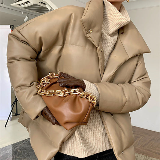 Women’s Khaki Short Down Puffer Jackets – PU Leather Commuter Coat Casual Winter Outfits 2025