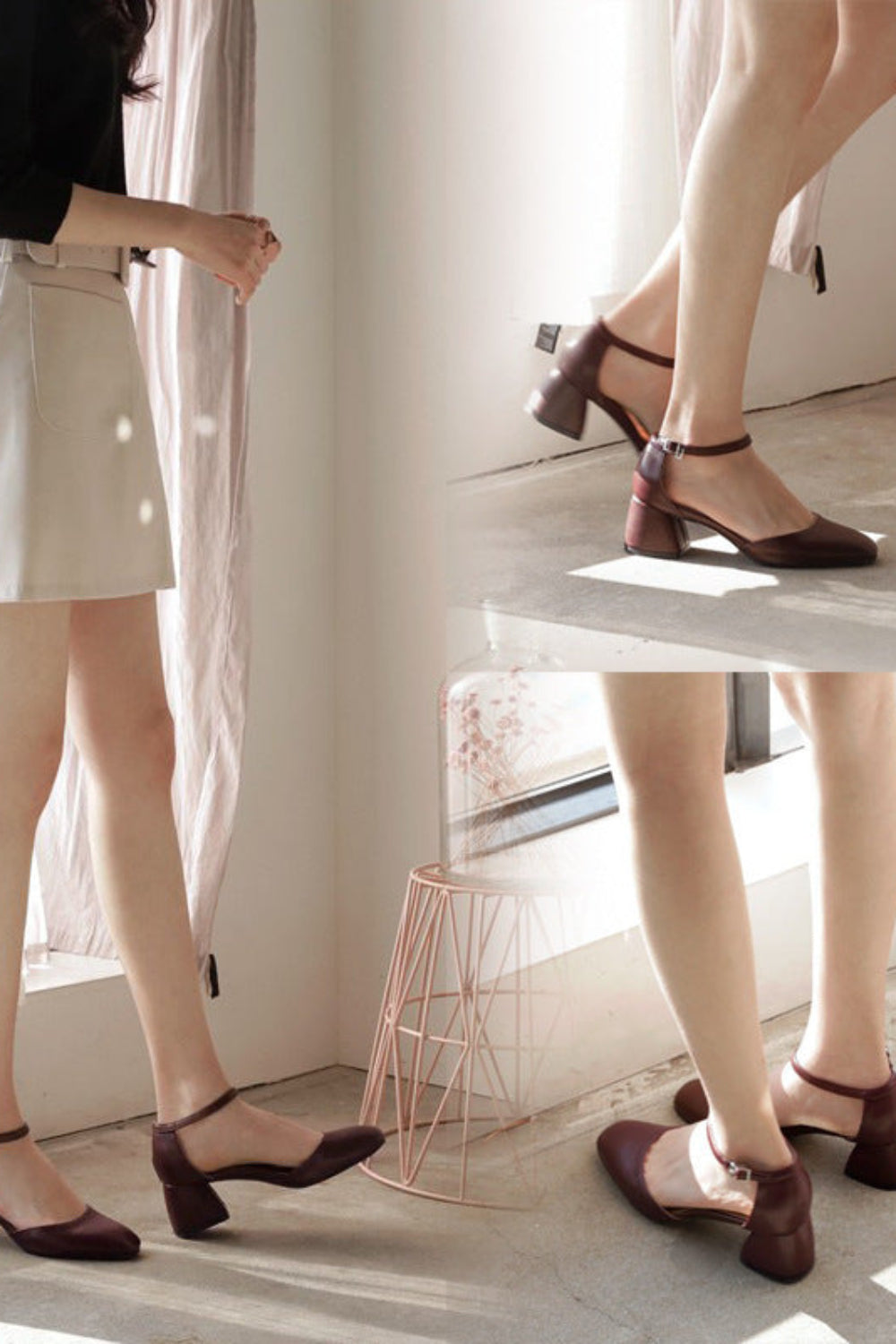 Two people wearing brown shoes standing on a platform with a minimalistic background.