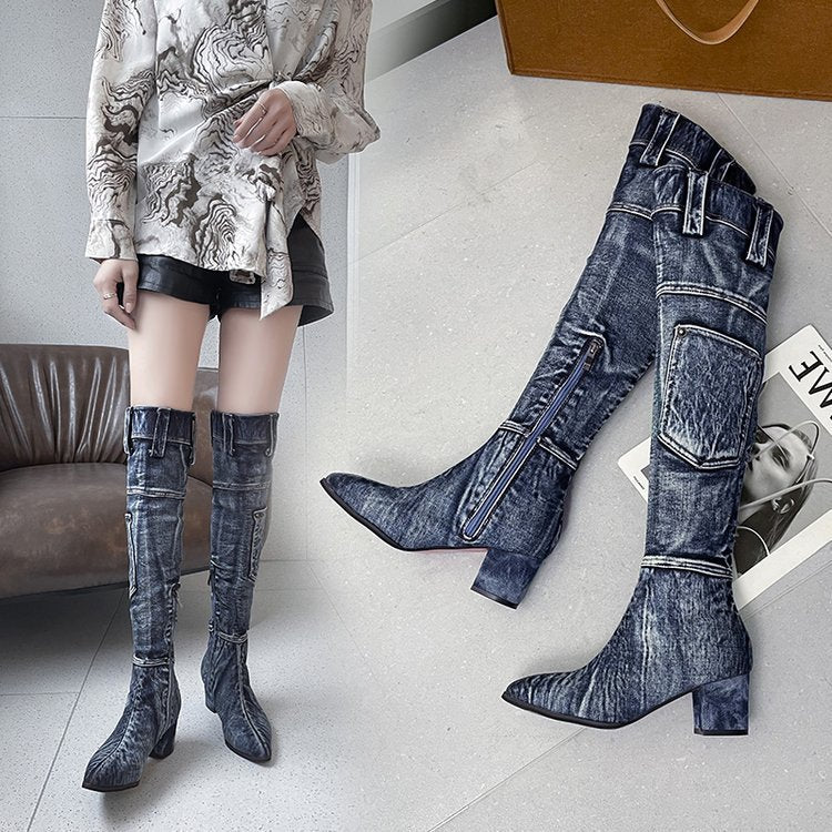 New High Heel Denim Women Knee High Boots