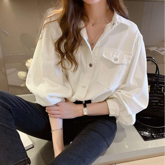 Solid-Color Korean-Style Blouse – Polo Collar Spring Outfit for Women