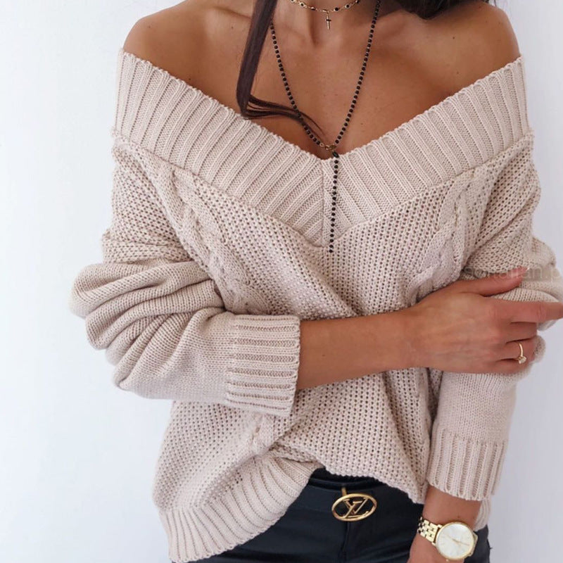 Off Shoulder V-Neck Sweater for Women – Chic Knit Pullover Casual Style